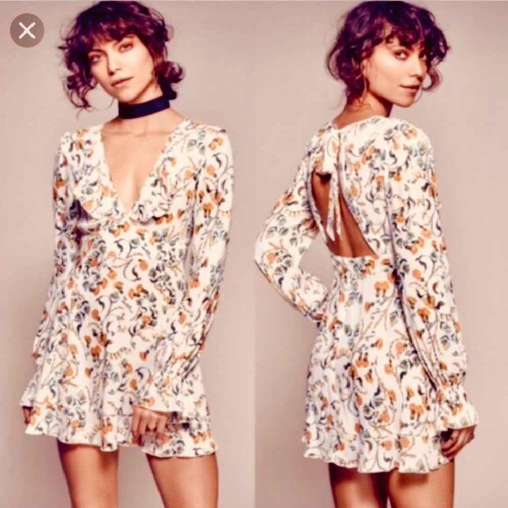 Free People Women’s Floral Long Sleeve Mini Dress Tie Back White Mini Ruffle 🌼